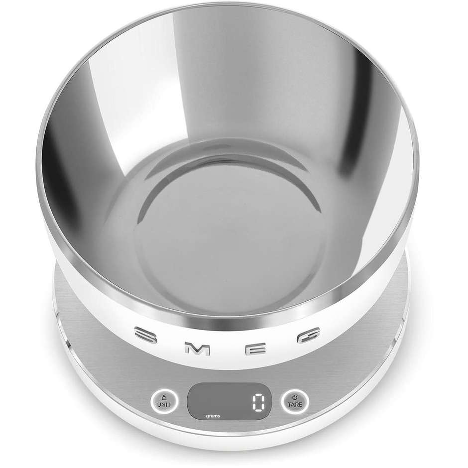 Smeg KSC01WHMWW Bilancia da Cucina Digitale Stile Anni '50 con Ciotola Inox 1.8 L Ricaricabile Bianco Opaco