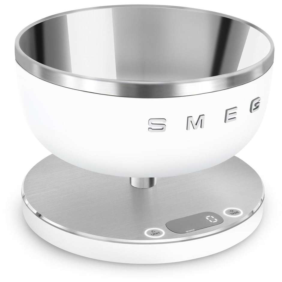 Smeg KSC01WHMWW Bilancia da Cucina Digitale Stile Anni '50 con Ciotola Inox 1.8 L Ricaricabile Bianco Opaco