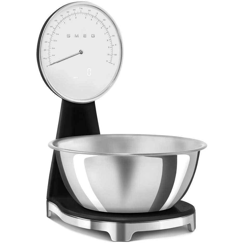 Smeg KSF01BLWW Bilancia da Cucina Elettronica 50's Style - Portata 5 kg, Precisione 1 g, Ciotola Inox 1,8 L, Nero Lucido