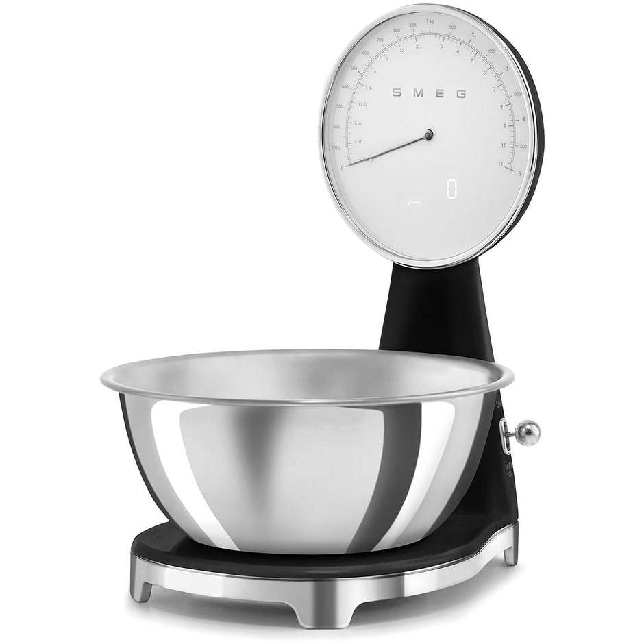 Smeg KSF01BLWW Bilancia da Cucina Elettronica Anni '50 Quadrante Analogico LCD Ciotola Inox 1.8 L Nero Lucido