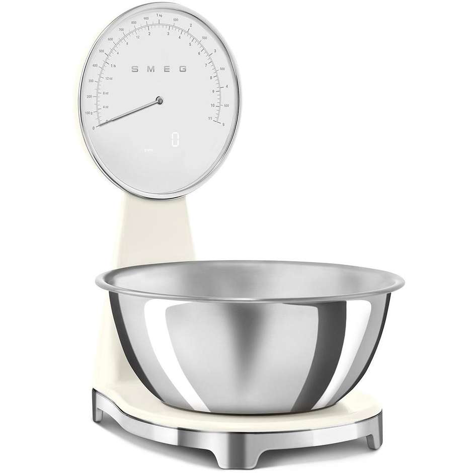 Smeg KSF01CRWW Bilancia da Cucina Elettronica 50's Style, Capacità 5 kg, Precisione 1 g, Ciotola Inox 1,8 L, Colore Panna