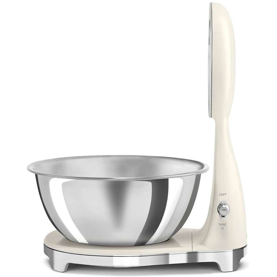 Smeg KSF01CRWW Bilancia da Cucina Elettronica Anni '50 Quadrante Analogico LCD Ciotola Inox 1.8 L Crema Panna