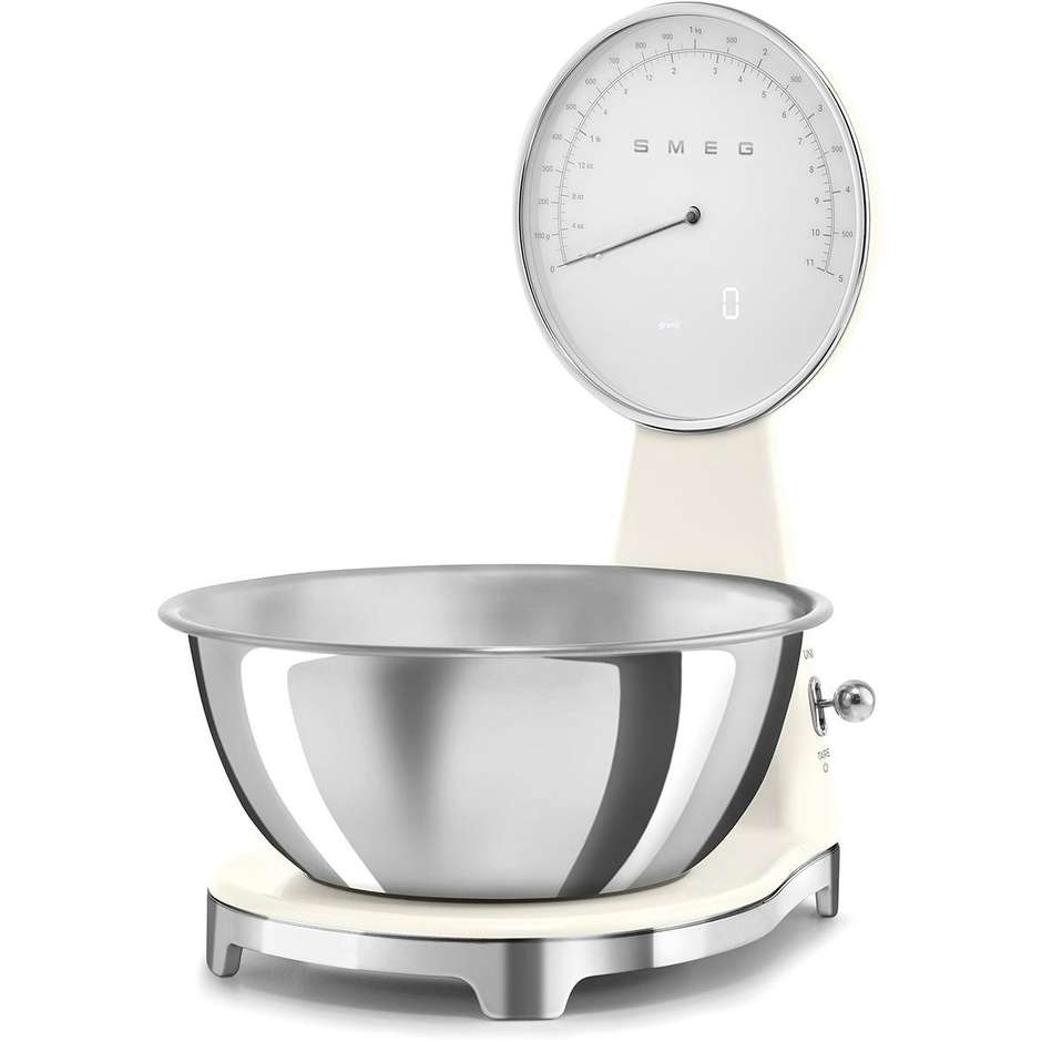 Smeg KSF01CRWW Bilancia da Cucina Elettronica Anni '50 Quadrante Analogico LCD Ciotola Inox 1.8 L Crema Panna