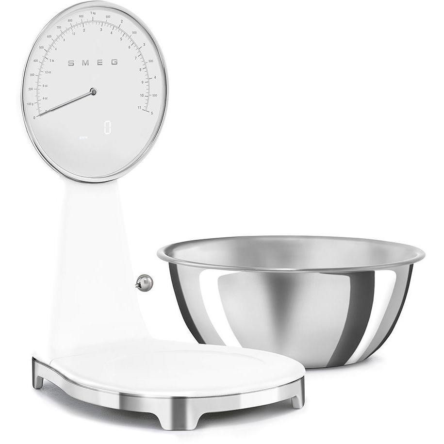 Smeg KSF01WHWW Bilancia da Cucina Elettronica Anni '50 Quadrante Analogico LCD Ciotola Inox 1.8 L Bianco Lucido