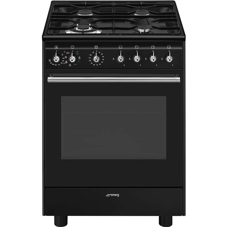 Smeg Linea Classica CX61GMBL Cucina 60x60 cm 4 Fuochi Gas con Griglie in Ghisa Forno Elettrico Termoventilato 70 L Vapor Clean Classe A Nero Opaco