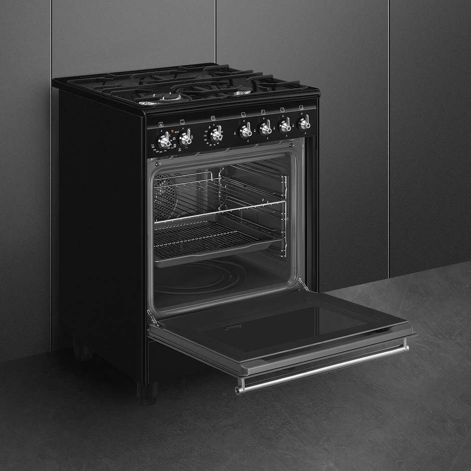 Smeg Linea Classica CX61GMBL Cucina 60x60 cm 4 Fuochi Gas con Griglie in Ghisa Forno Elettrico Termoventilato 70 L Vapor Clean Classe A Nero Opaco