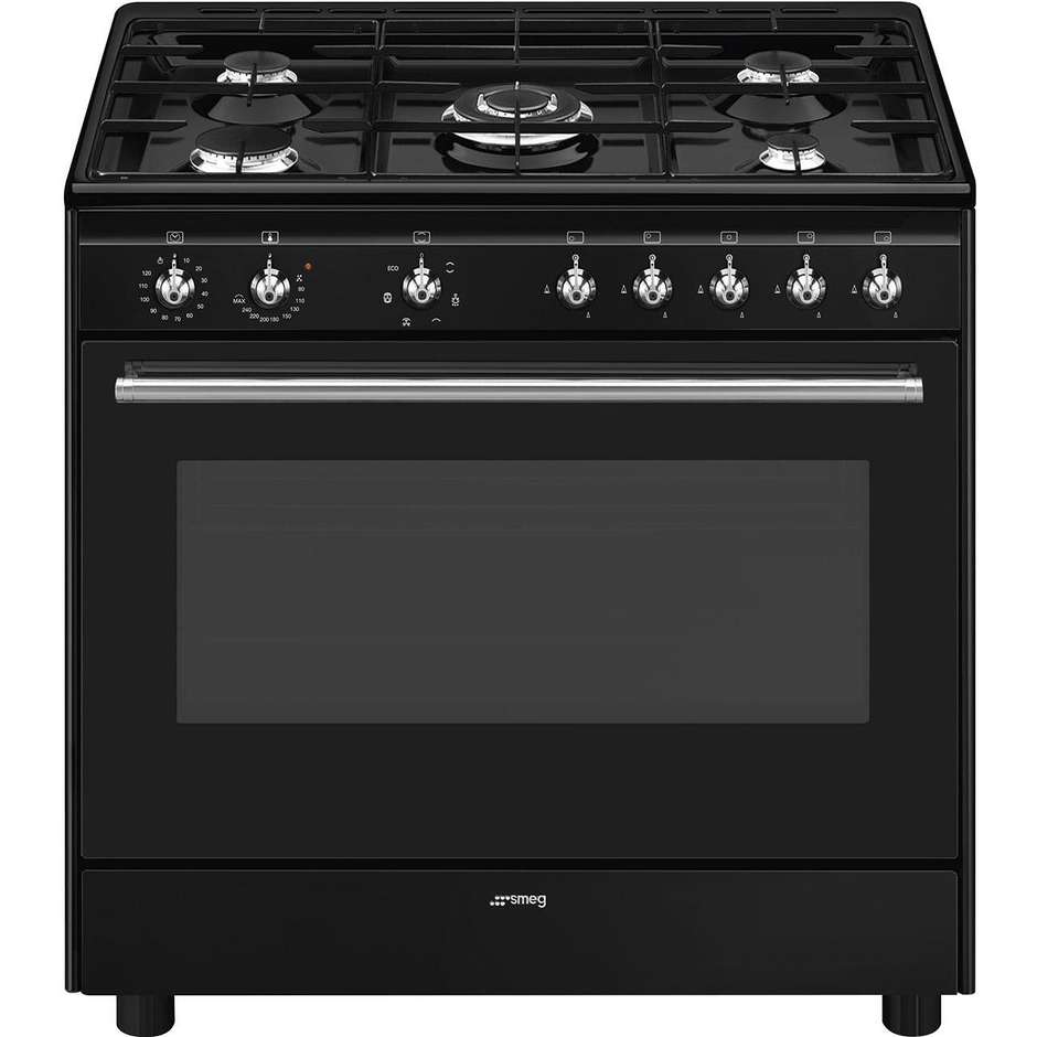 Smeg Linea Classica CX91GMBL Cucina 90x60 cm 5 Fuochi Gas con Bruciatore Ultrarapido 4 kW Forno Elettrico Termoventilato 115 L Vapor Clean Classe A Nero Opaco