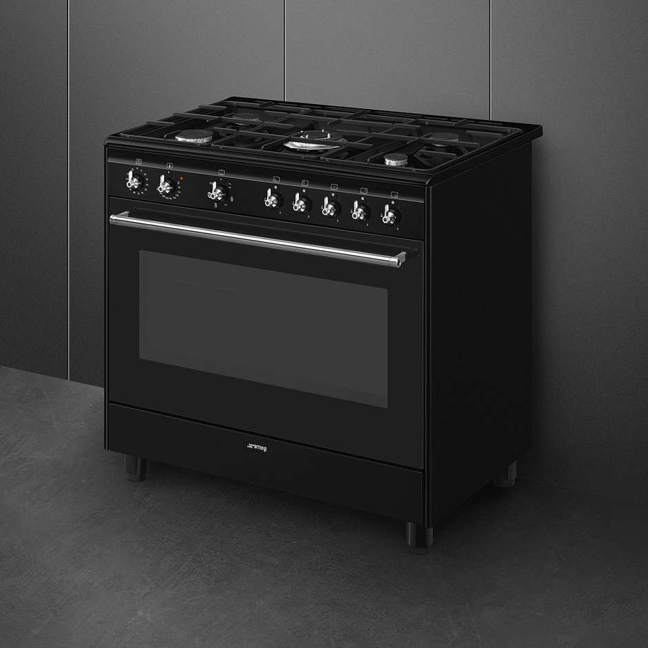 Smeg Linea Classica CX91GMBL Cucina 90x60 cm 5 Fuochi Gas con Bruciatore Ultrarapido 4 kW Forno Elettrico Termoventilato 115 L Vapor Clean Classe A Nero Opaco