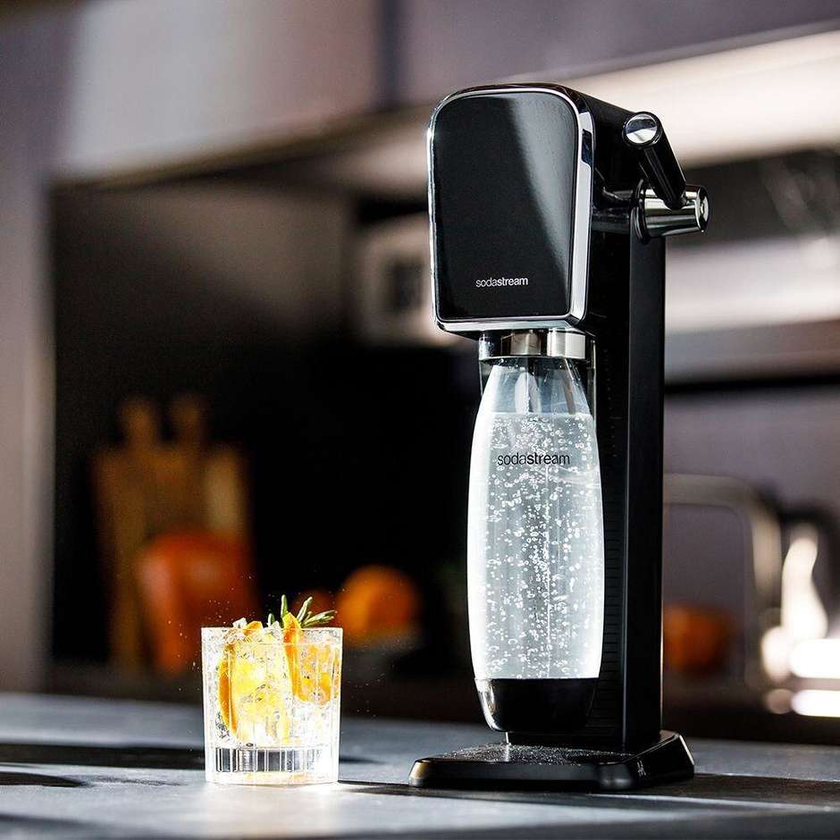 SodaStream Art Gasatore d'Acqua con Leva Meccanica Retrò in Acciaio Inox e Cilindro CO2 Quick Connect Nero