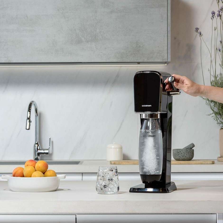 SodaStream Art Gasatore d'Acqua con Leva Meccanica Retrò in Acciaio Inox e Cilindro CO2 Quick Connect Nero