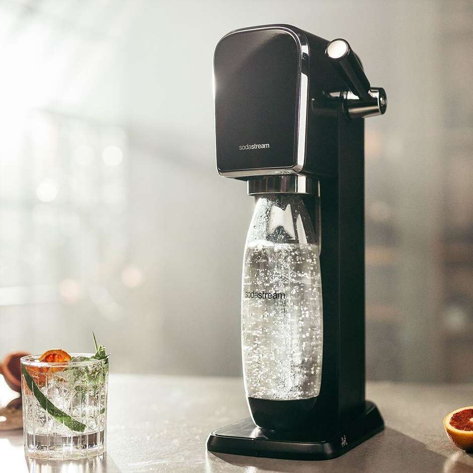 SodaStream Art Gasatore d'Acqua con Leva Meccanica Retrò in Acciaio Inox e Cilindro CO2 Quick Connect Nero