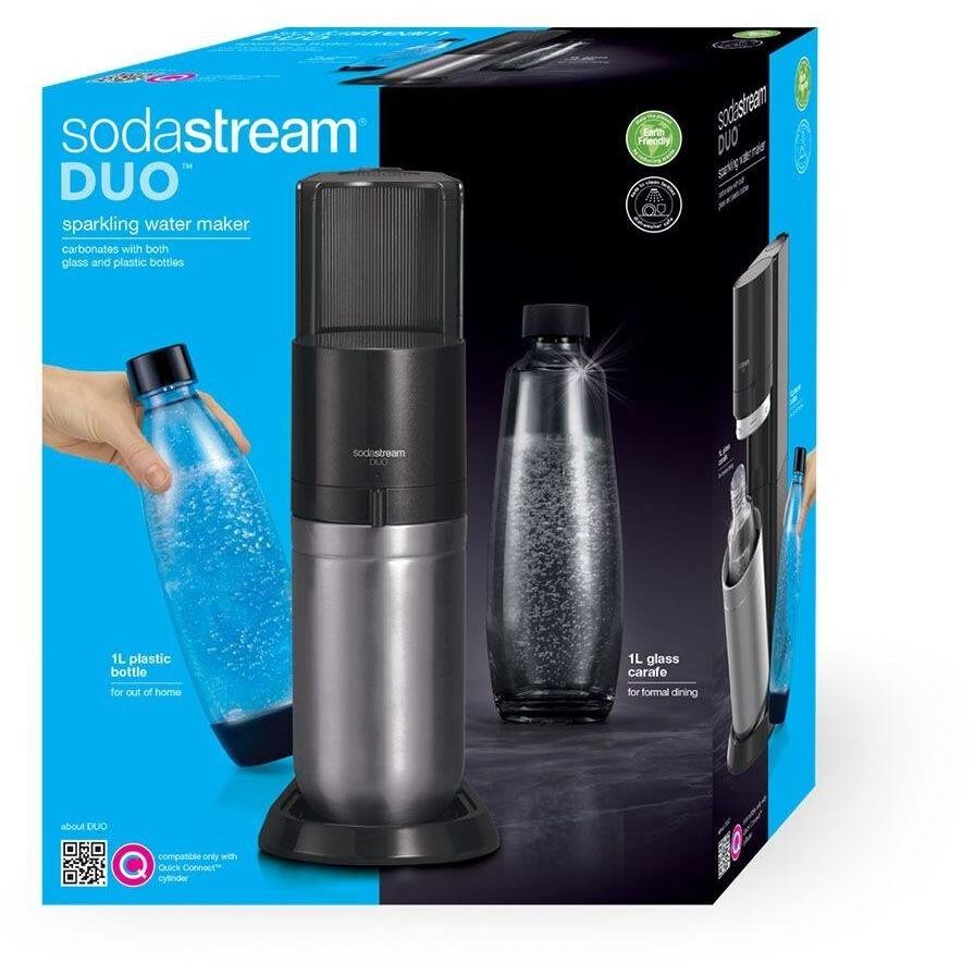 SodaStream Duo Gasatore d'Acqua Doppio Uso per Bottiglie in Vetro e Plastica con Cilindro Quick Connect Nero e Inox
