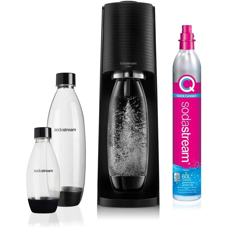 Sodastream Terra Promo Pack Gasatore 3 Bottiglie 1 Cilindro Gas CO2 Alimentare colore nero