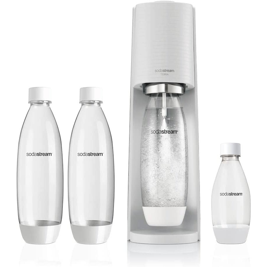 SodaStream Terra Promo Pack Gasatore d'Acqua con 3 Bottiglie Fuse da 1 L e Cilindro CO2 Quick Connect Bianco
