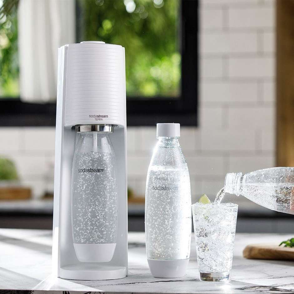 SodaStream Terra Value Pack Gasatore d'Acqua con 2 Bottiglie Fuse 1 L e Cilindro CO2 Quick Connect Bianco