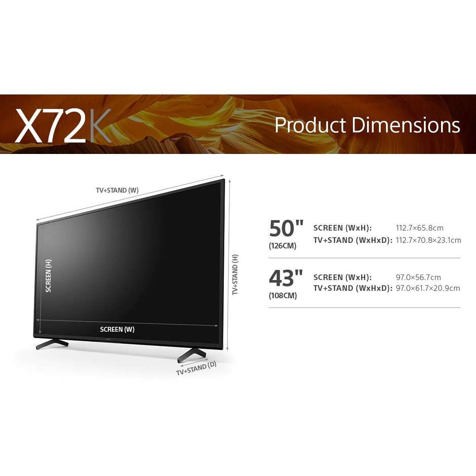 Sony BRAVIA X72K TV LED 50" 4K Ultra HD Smart TV Wi-Fi Classe G colore cornice nero