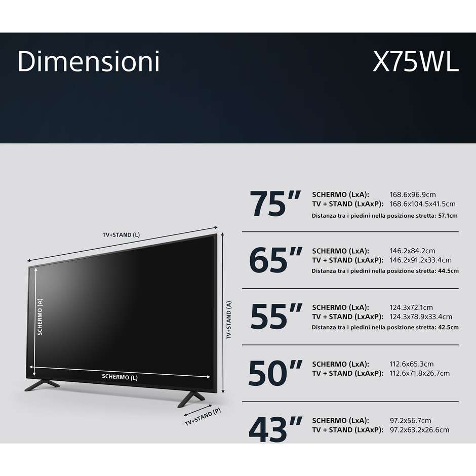 Sony KD43X75WLP Tv LED 43" 4K Ultra HD Smart Tv Wi-Fi Classe G Colore Nero