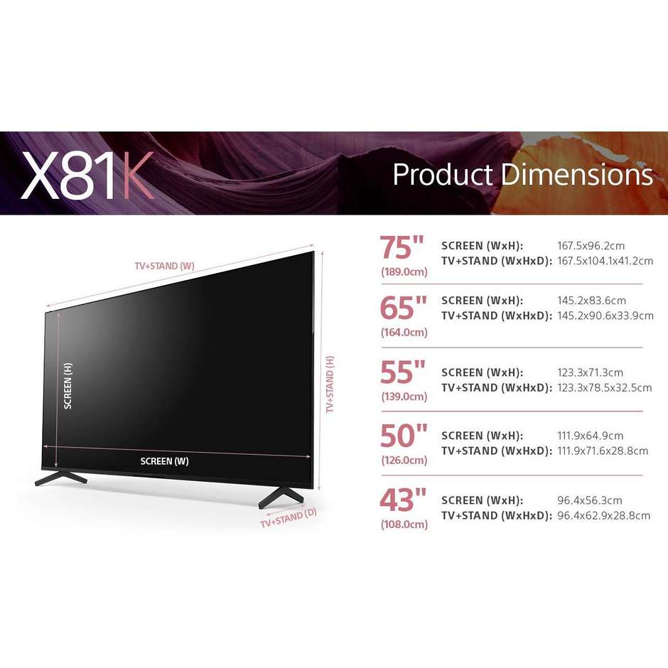 Sony KD65X81KAE TV LED 65" 4K Ultra HD Smart TV Wi-Fi Classe F colore cornice nero