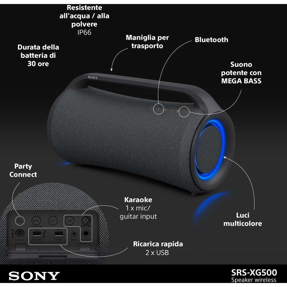 Sony SRS-XG500 Diffusore a 2.0 Canali Bluetooth Wireless portatile colore nero