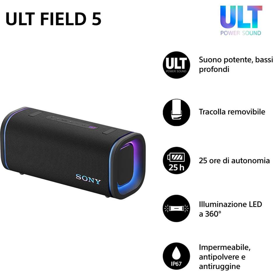 Sony ULT FIELD 5 SRSULT50B Altoparlante Bluetooth Portatile IP67 25h LDAC Nero
