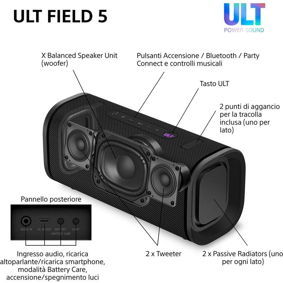 Sony ULT FIELD 5 SRSULT50B Altoparlante Bluetooth Portatile IP67 25h LDAC Nero