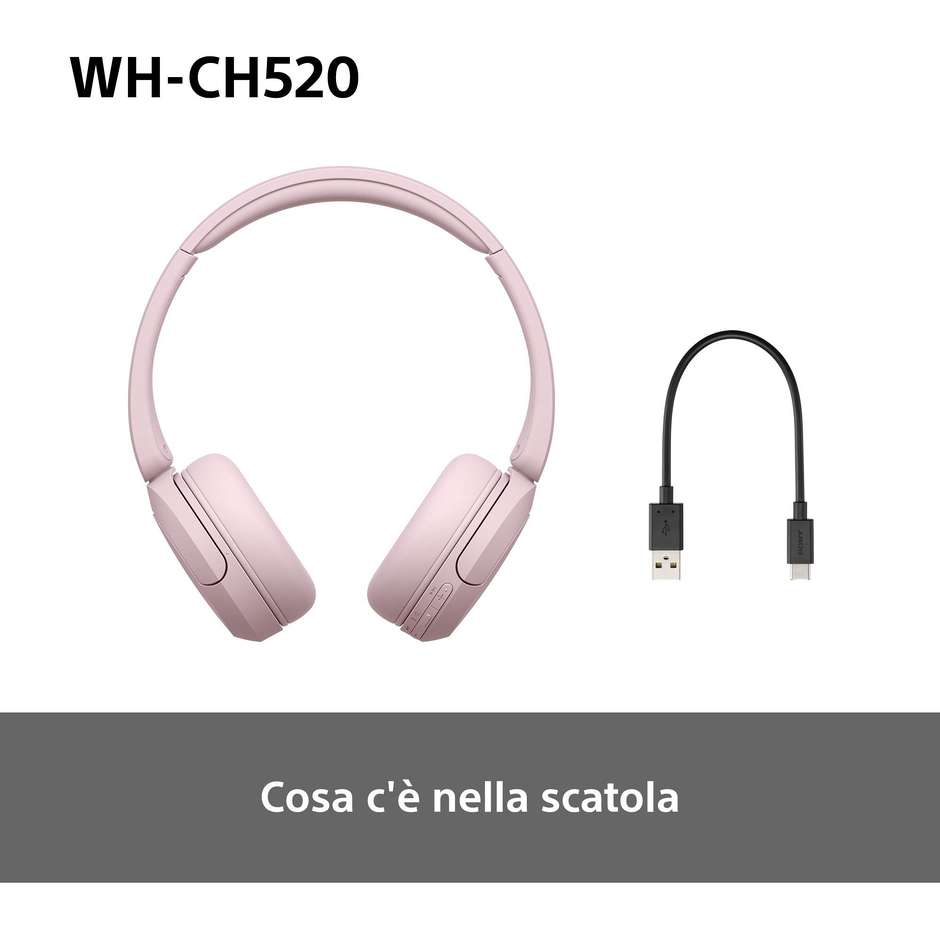 Sony WH-CH520 Cuffie Bluetooth Wireless On-Ear Rosa, 40h Autonomia, USB-C, Microfono Integrato
