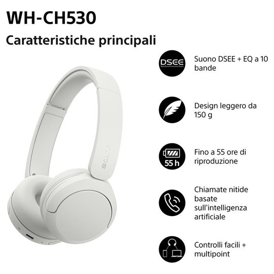 Sony WH-CH530 Cuffie wireless on-ear Bluetooth 6.0 multipoint 55 ore bianche