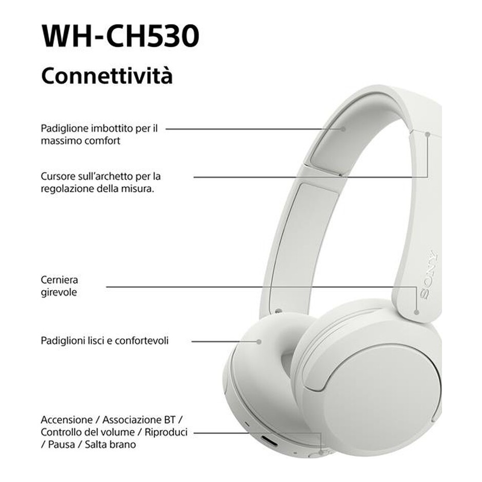 Sony WH-CH530 Cuffie wireless on-ear Bluetooth 6.0 multipoint 55 ore bianche