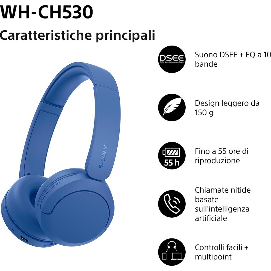 Sony WH-CH530 Cuffie wireless on-ear Bluetooth 6.0 multipoint 55 ore cobalto