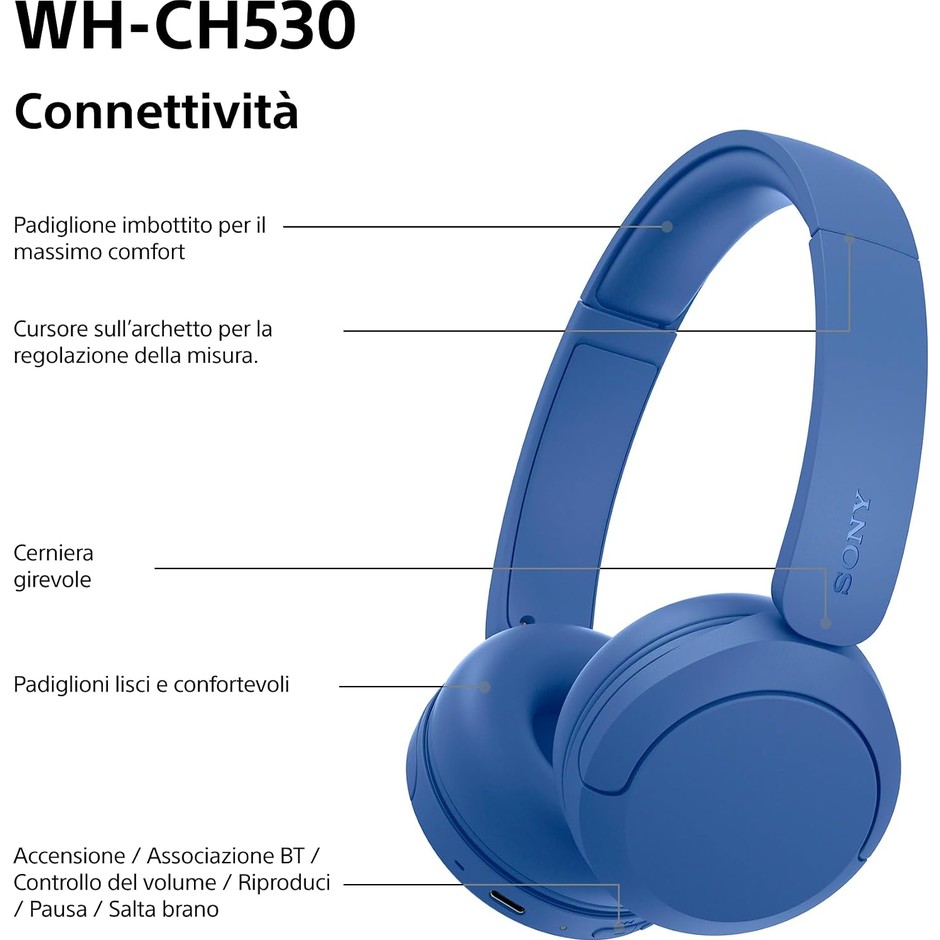 Sony WH-CH530 Cuffie wireless on-ear Bluetooth 6.0 multipoint 55 ore cobalto