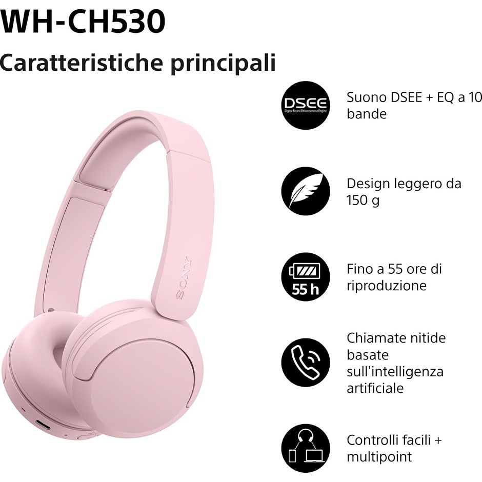 Sony WH-CH530 Cuffie wireless on-ear Bluetooth 6.0 multipoint 55 ore rosa