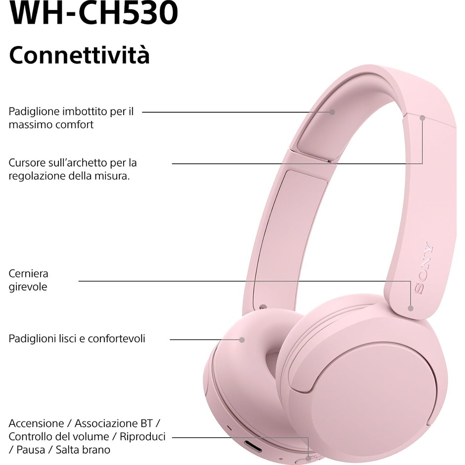 Sony WH-CH530 Cuffie wireless on-ear Bluetooth 6.0 multipoint 55 ore rosa