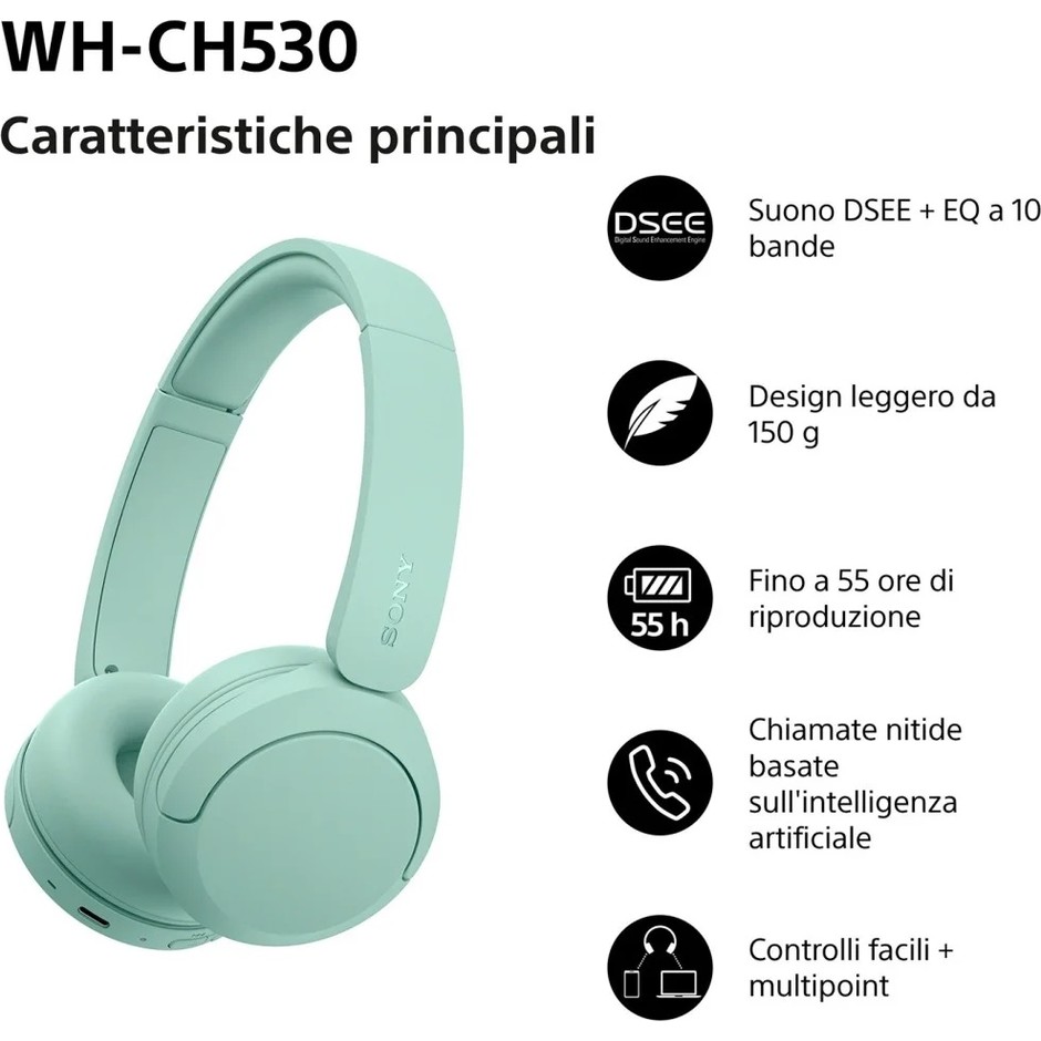 Sony WH-CH530 Cuffie wireless on-ear Bluetooth 6.0 multipoint 55 ore verde menta