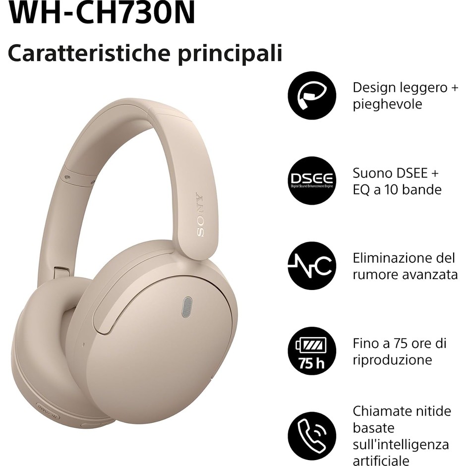 Sony WH-CH730N Cuffie Bluetooth 6.0 con cancellazione del rumore pieghevoli beige
