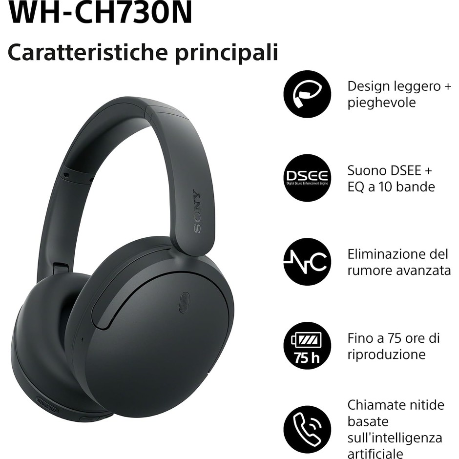 Sony WH-CH730N Cuffie Bluetooth 6.0 con cancellazione del rumore pieghevoli beige