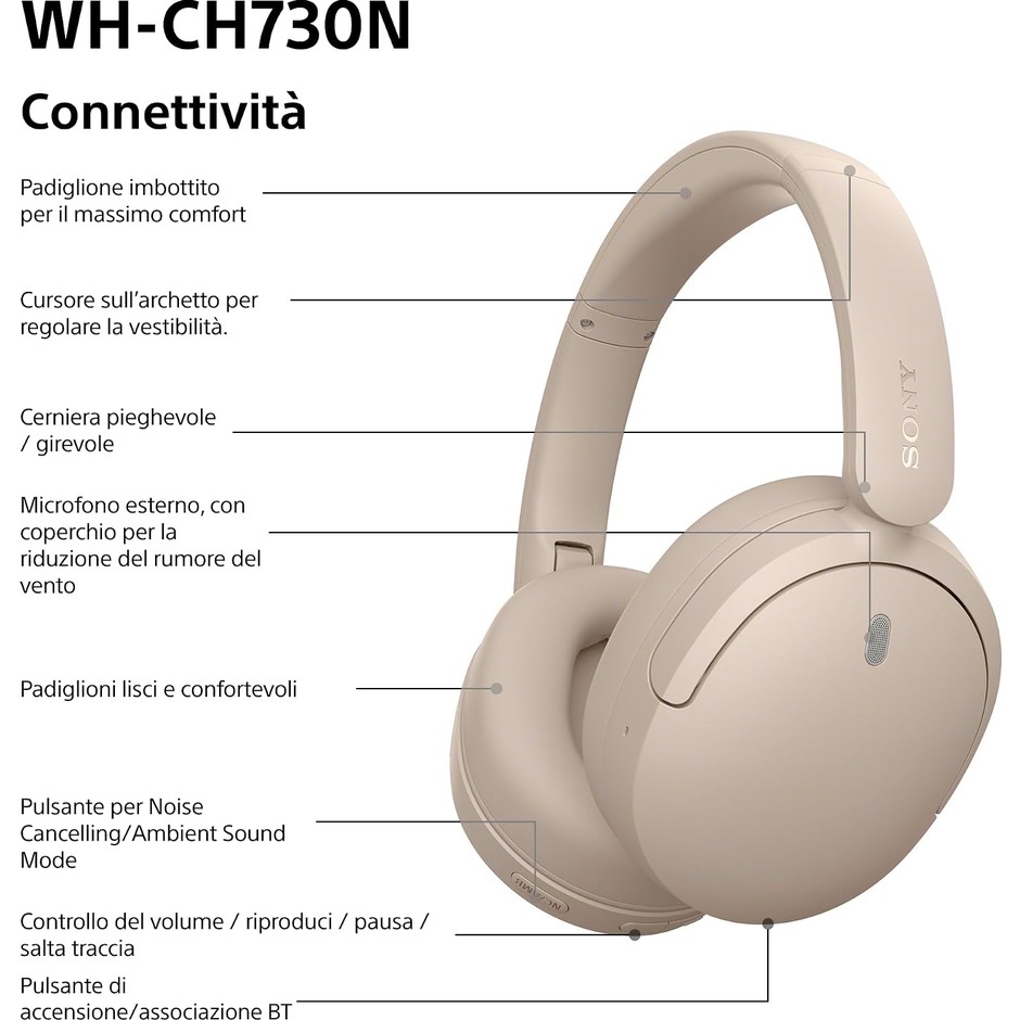 Sony WH-CH730N Cuffie Bluetooth 6.0 con cancellazione del rumore pieghevoli beige