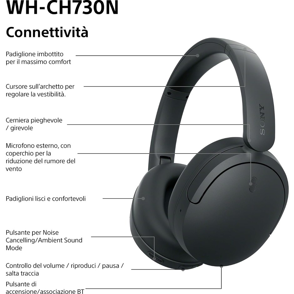 Sony WH-CH730N Cuffie Bluetooth 6.0 con cancellazione del rumore pieghevoli nere