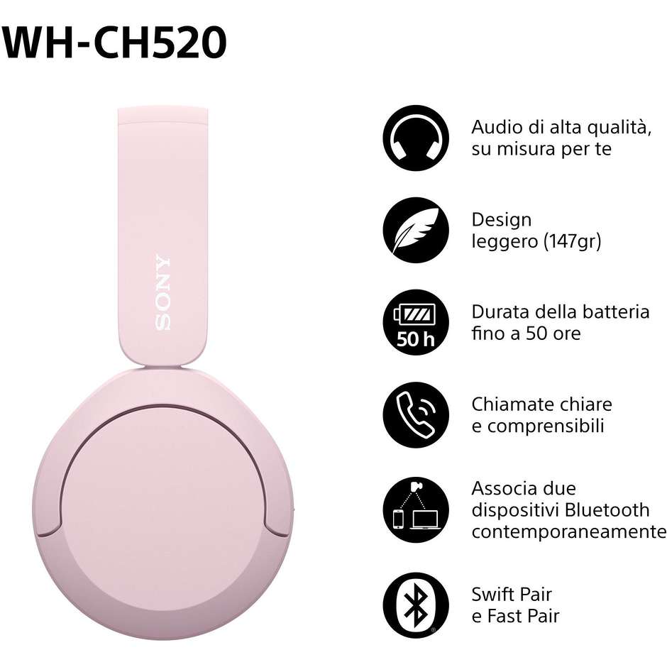 Sony WHCH520P.CE7 Cuffie Wireless Bluetooth ad Alta Risoluzione Nero