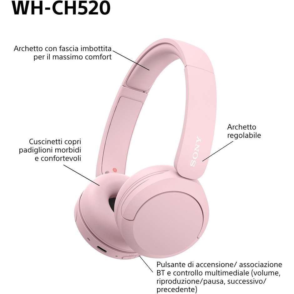 SONY WHCH520P.CE7 Cuffie Wireless Bluetooth con Microfono Integrato Autonomia 40 Colore Pink