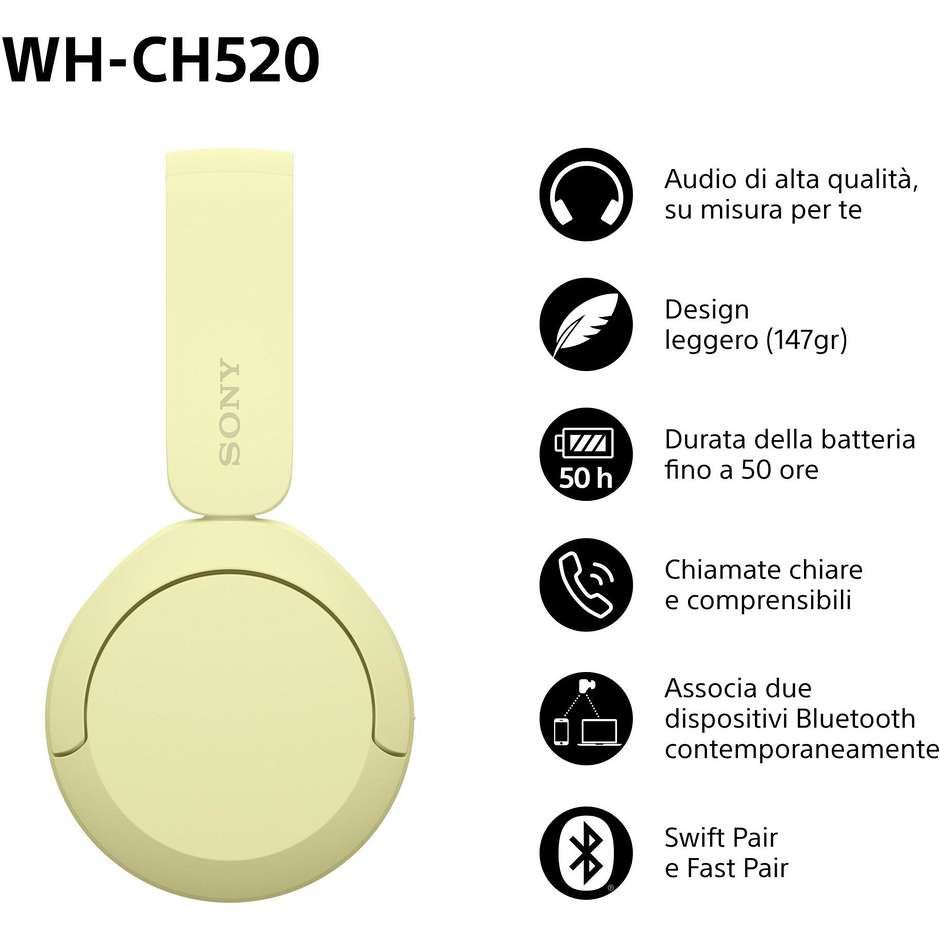 SONY WHCH520Y.CE7 Cuffie Wireless Bluetooth con Microfono Integrato Autonomia 40 Colore Yellow