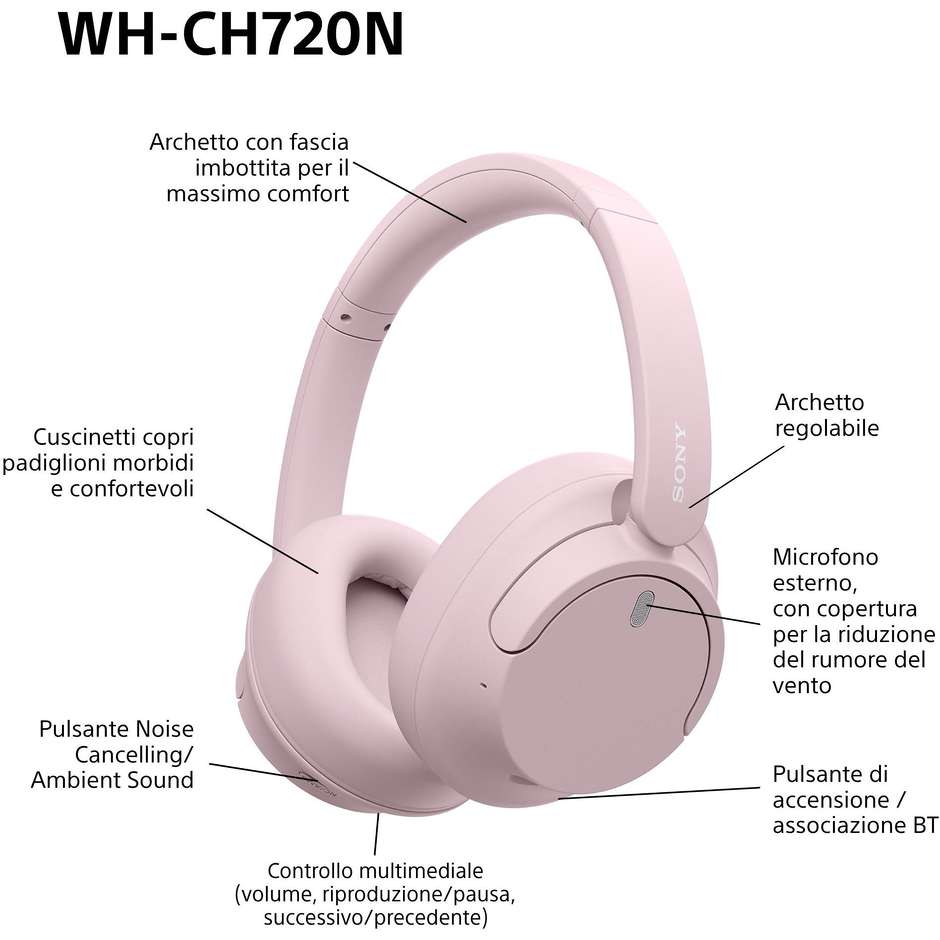 Sony WHCH720NP.CE7 Cuffia Bluetooth Wireless con cancellazione del rumore Colore Rosa