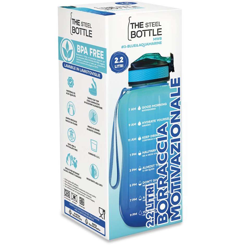 Steel Bottle Borraccia motivazionale Capacita 2.2 Lt Colore Blue aquamarine