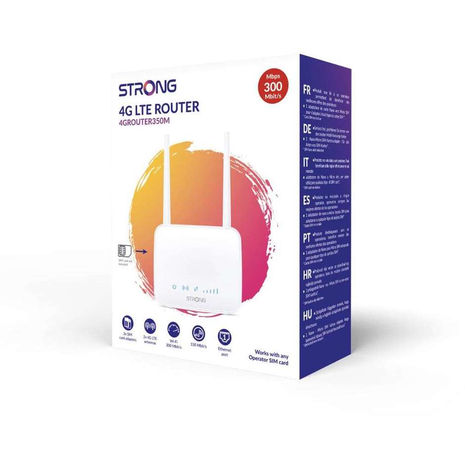 Strong 4G Router 350M Router 4G LTE 150Mbps con Wi-Fi N300 2 Porte LAN 2 Antenne SMA e Slot SIM - Bianco