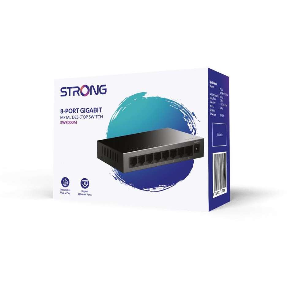 Strong SW8000M Switch Desktop 8 Porte Gigabit Ethernet 10/100/1000Mbps Chassis Metallico Fanless - Nero