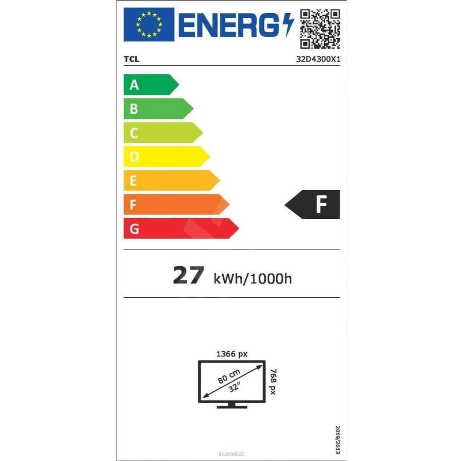 Tcl 32D4300 Smart TV LED 32" 4K Ultra HD Wi-Fi DVB-T2 Classe F Nero