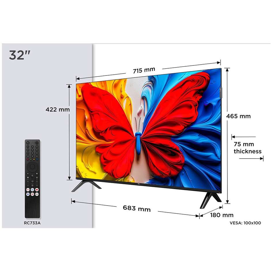 Tcl 32S59K Smart TV QLED 32" Full HD Wi-Fi DVB-T2 Classe F Nero