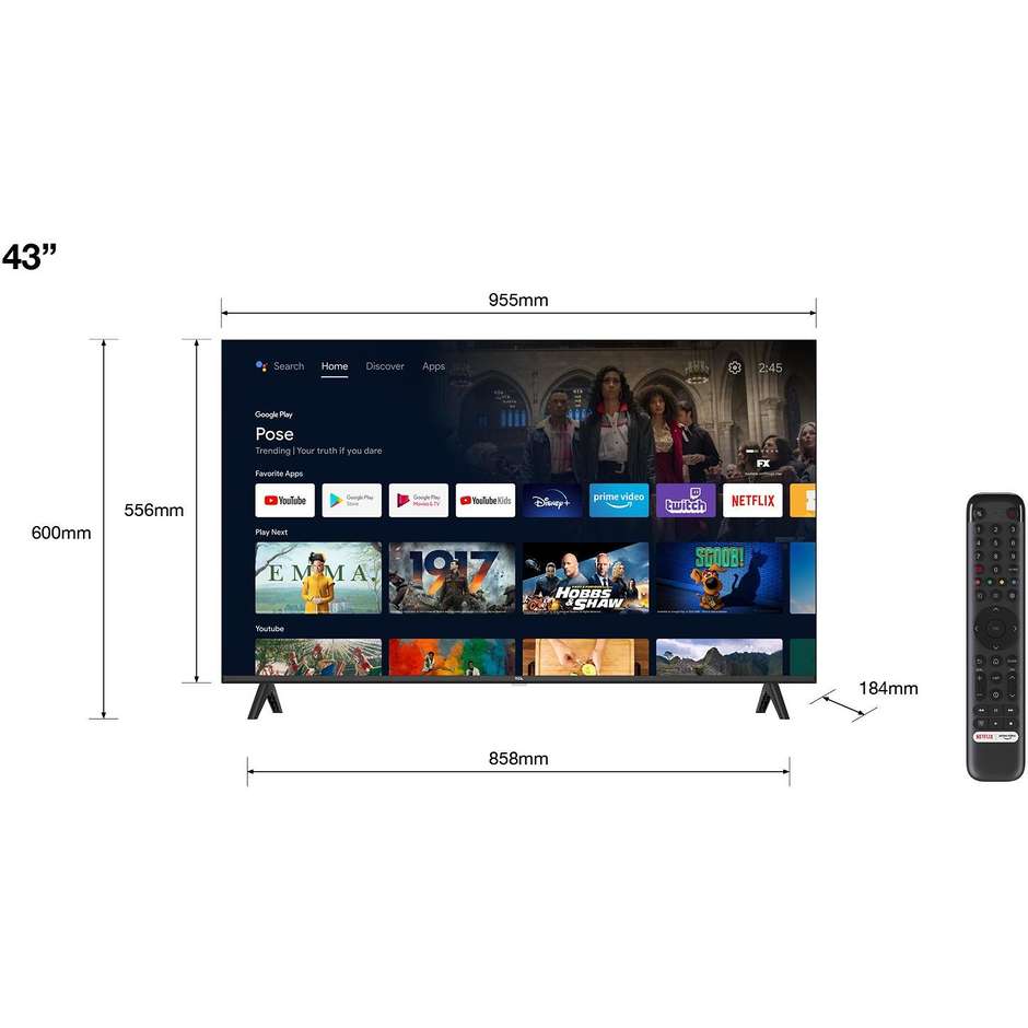 TCL 43S5400A TV 43" Full HD Smart TV Wi-Fi Classe F Colore Nero