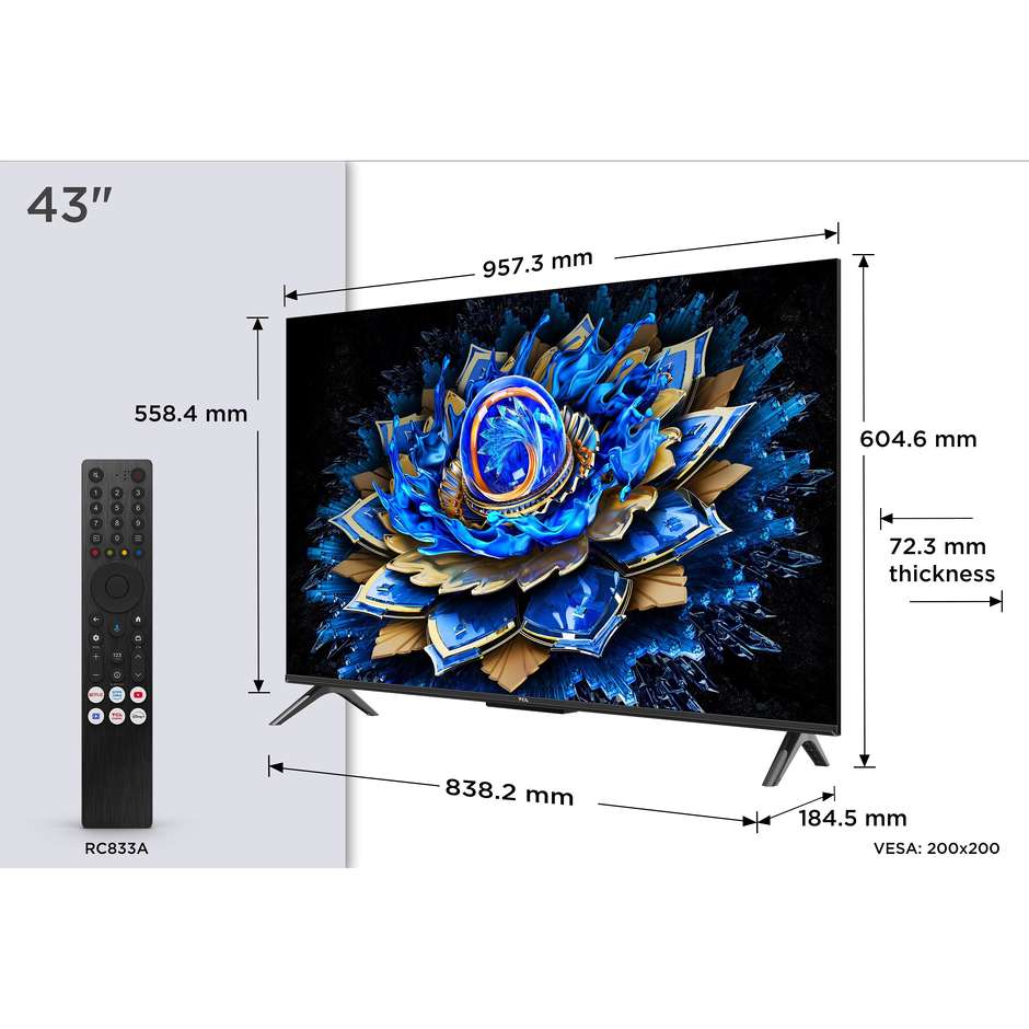 TCL 43T69C 43" QLED 4K HDR Google TV Nero