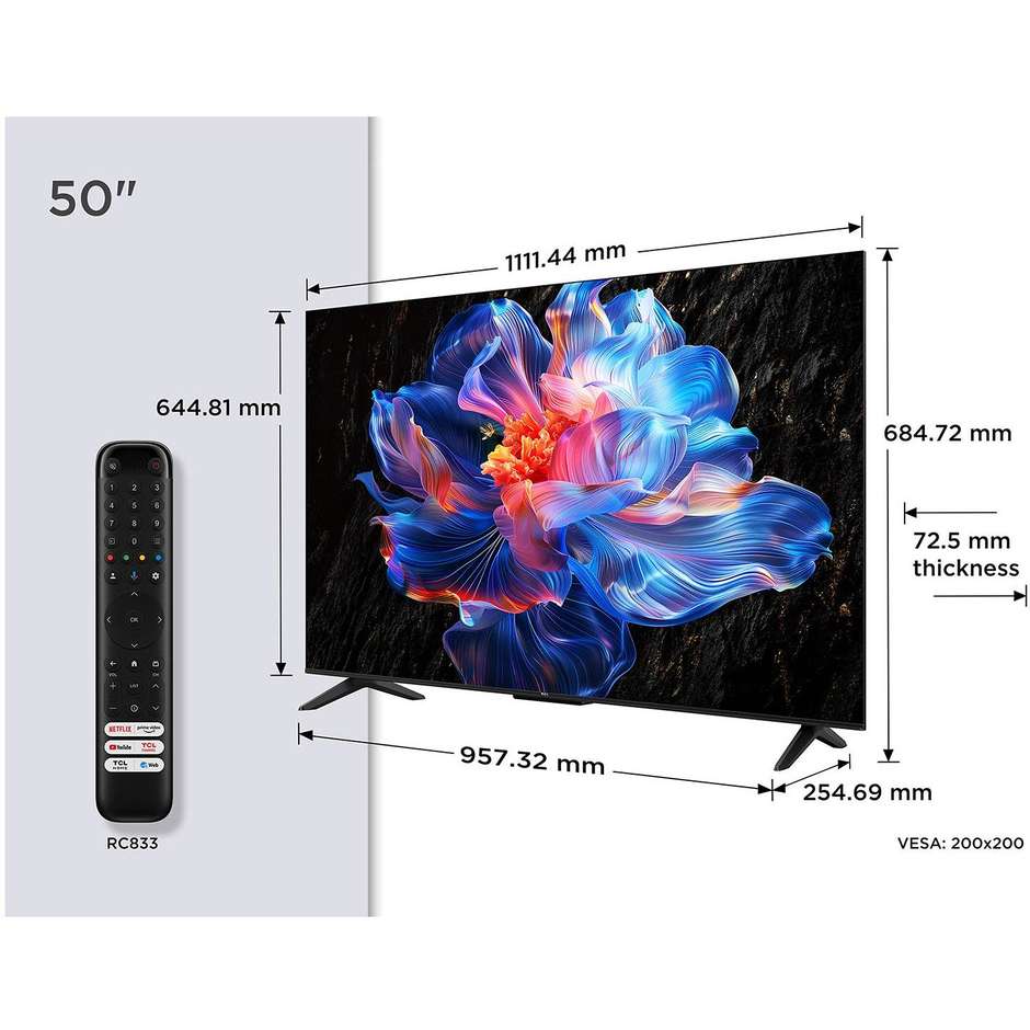 TCL 50P69K TV LED 50" 4K Ultra HD 4K Ultra HD Smart TV Wi-Fi Classe E Colore Nero