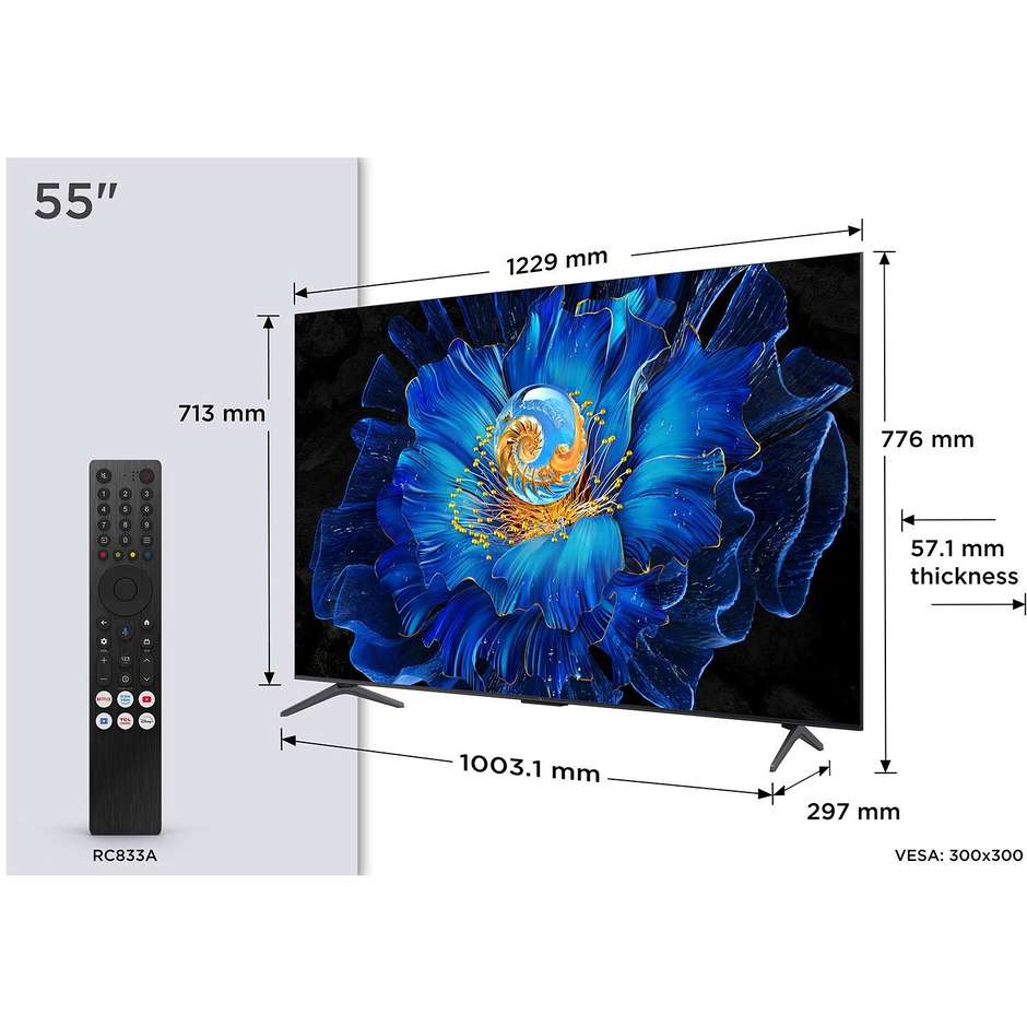 TCL 55C69KS TV LED 55" 4K Ultra HD Smart TV Wi-Fi Classe F Colore Nero